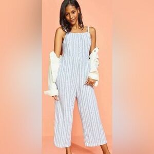 Old Navy Linen Blend Striped Wide Leg Womens Jumpsuit Sz M Light Blue/White